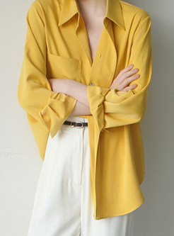 Casual Women Yellow Blouses With Pockets