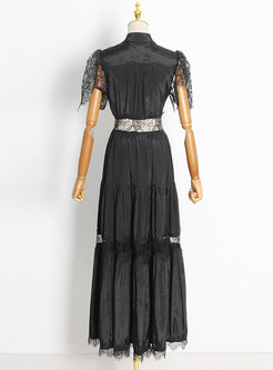 Vintage Button Down Lace Short Sleeve Maxi Dress