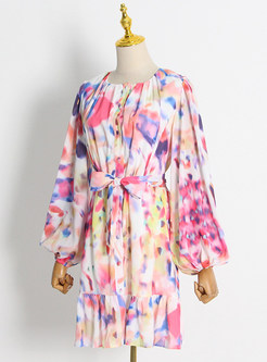 Vintage Tie Dye Lattern Sleeve Short Dress