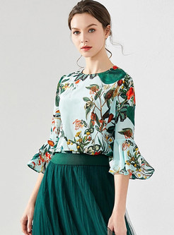 Flare Sleeve Stylish Floral Print Blouses for Women