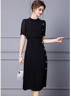Elegant Mesh Splicing Pleated Little Black Dress