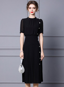 Elegant Mesh Splicing Pleated Little Black Dress