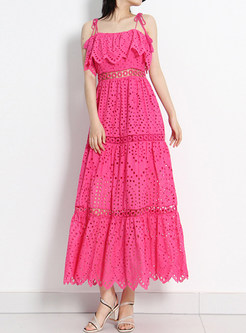 Lace Hollow Out Pleated Tiered Sundresses
