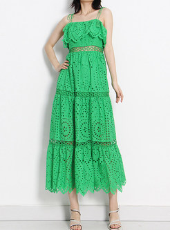 Lace Hollow Out Pleated Tiered Sundresses