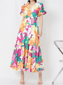 Summer Resort Bishop Sleeve Floral Print Casual Long Dresses