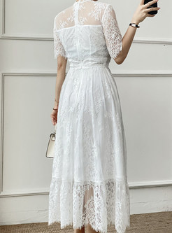 V-Neck Embroidered Lace White Maxi Dress