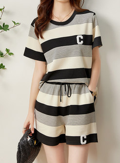 Summer Loose Striped Knit Womens Pant Suits