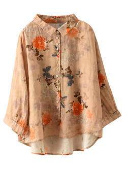 Single-Breasted Floral Print Oversize Linen Tops For Women