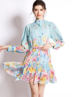 Mock Neck Long Sleeve Floral Print Mini Dresses