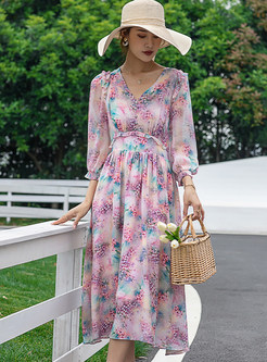 V-Neck Blouson Sleeve Blurred Floral Silk Dresses