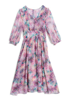 V-Neck Blouson Sleeve Blurred Floral Silk Dresses