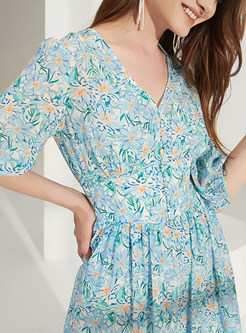 V-Neck Floral Silk Simple Summer Dresses