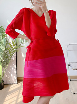 V-Neck 3/4 Sleeve Color-Blocked Plus Size Casual Dresses