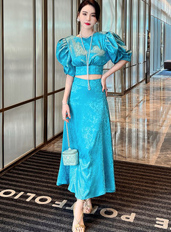 Summer Court Solid Color Puff Sleeve Long Skirt Suits