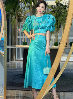 Summer Court Solid Color Puff Sleeve Long Skirt Suits