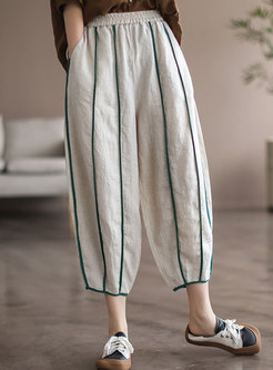 Casual High Waisted Linen Striped Womens Cropped Pants