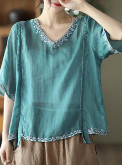 V-Neck Embroidered Loose Ladies Blouses
