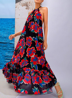 Resort Halter Neck Floral Print Big Hem Long Dresses