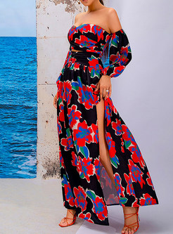 Off-The-Shoulder High Split All Over Print Beach Long Dresses