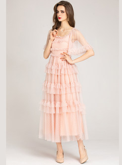 Square Neck Mesh Pleated Layer Frill Dresses