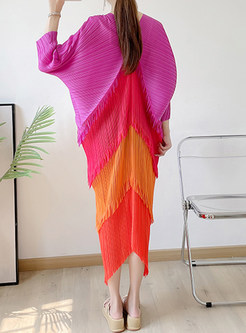 V-Neck Color-Blocked Fringe Long Dresses