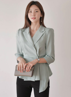 Notched Collar 3/4 Sleeve Tie Waist Dressy Blouses For Women