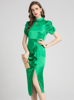 Solid Color Slim Ruffles Side Slit Cheongsam Dresses