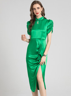 Solid Color Slim Ruffles Side Slit Cheongsam Dresses