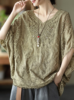 V-Neck Embroidered Batwing Sleeve Plus Size Tops