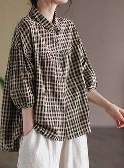 Oversize 3/4 Sleeve Plaid Button-Front Shirts