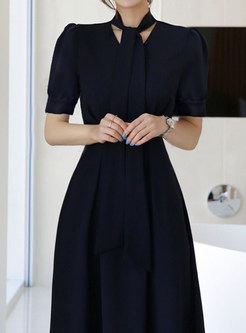 Puff Sleeve Tie Neck Commuter Cocktail Dresses