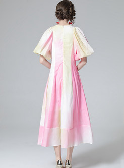 V Neck Tie-Dye Bishop Sleeve Midi Cute Dresses