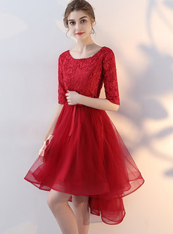 Lace Sequined Sashes O-Neck Half Sleeves Asymmetrical Dresses