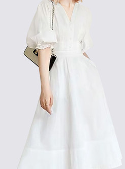 V-Neck Blouson Sleeve White Midi Dresses