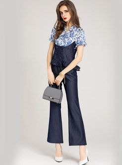Women's Denim Patch Floral Tops & High Waisted Jeans