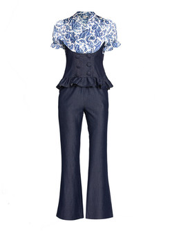 Women's Denim Patch Floral Tops & High Waisted Jeans