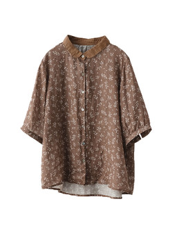 Turn-Down Collar All Over Print Womens Summer Blouses