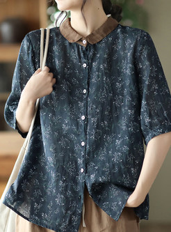 Turn-Down Collar All Over Print Womens Summer Blouses