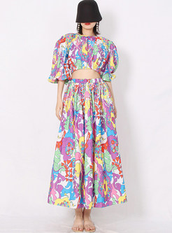 Puff Sleeve Crop Tops & Big Hem Floral Print Maxi Skirts