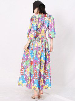 Puff Sleeve Crop Tops & Big Hem Floral Print Maxi Skirts