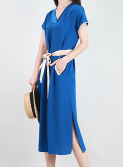 V-Neck Color-Blocked Satin Loose Midi Dresses