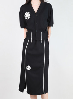 V-Neck Single-Breasted Tops & High Waisted Slim Midi Skirts Sets