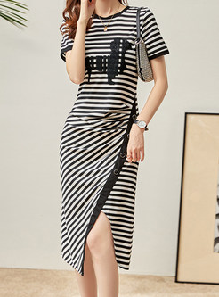 Relaxed Slit Striped Pencil Dresses