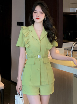 Fitted Short Sleeve Tie Waist Tops & Solid Color Shorts Sets