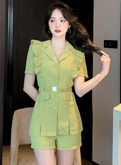 Fitted Short Sleeve Tie Waist Tops & Solid Color Shorts Sets