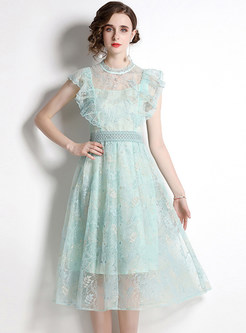 Fashion Sheer Ruffles Gathered Waist Lace Dresses