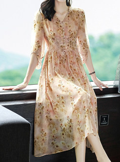V-Neck Half Sleeve Floral Print Flutter Silk Dresses