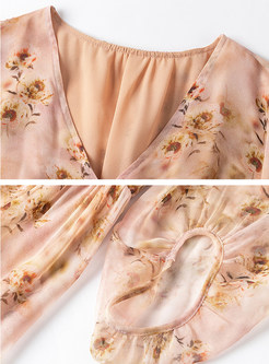 V-Neck Half Sleeve Floral Print Flutter Silk Dresses