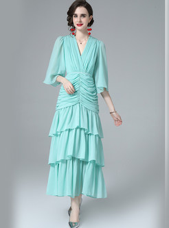 V-Neck Solid Color Flare Sleeve Pleated Tiered Dresses