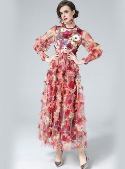 Crew Neck 3D Embroidered Floral Swing Long Dresses